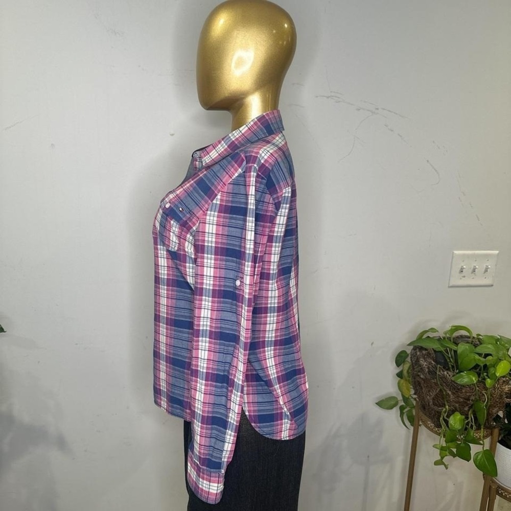 Tommy Hilfiger long-sleeve Pink and blue plaid button-up shirt LARGE Preppy Y2K - Picture 7 of 8